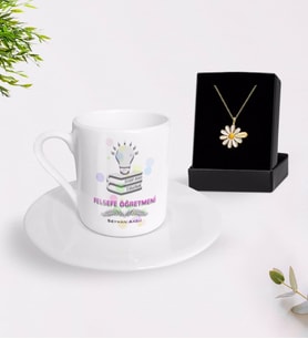 BK Gift Kişiye Özel Felsefe Öğretmeni Türk Kahvesi Fincanı ve İsimli Papatya Kolye Hediye Seti-2 (Model 1)