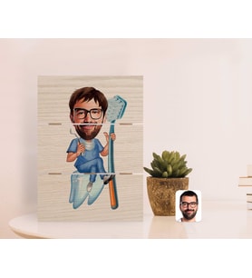 BK Gift Kişiye Özel Erkek Diş Hekimi Karikatürlü Otantik Masaüstü Ahşap Palet Çerçeve-2 (Beyaz)