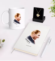BK Gift Kişiye Özel Atatürk Temalı Beyaz Kupa Defter Kalem ve İsimli Papatya Kolye Hediye Seti-11 (Model 1)
