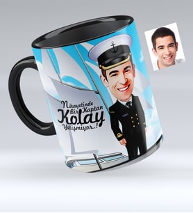 BK Gift Kişiye Özel Bay Gemi Kaptanı Karikatürlü Siyah Kupa Bardak  1