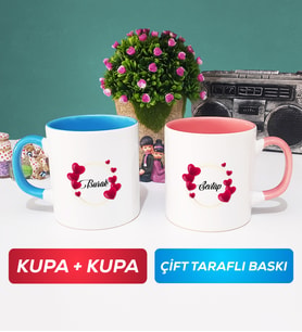 İkili İsme Özel Sevgililer Günü Hediyesi Kupa Bardak Mavi Pembe