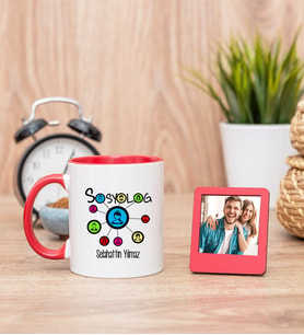 Sosyolog Kırmızı Kupa Bardak ve Kırmızı Mini Fotoğraf Çerçevesi