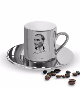BK Gift Kişiye Özel Atatürk Temalı Aynalı Gümüş Türk Kahvesi Fincanı-15 (Beyaz)