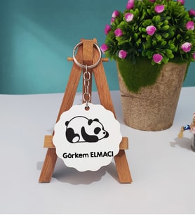 Uykucu Panda Tasarımlı Kişiye Özel Hediye Panda Ahşap Anahtarlık