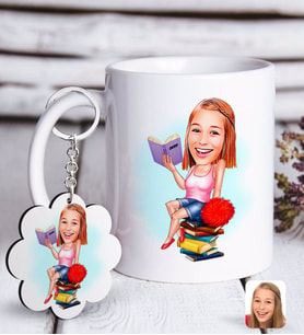 BK Gift Kişiye Özel Bayan Öğrenci Karikatürlü Beyaz Kupa ve Anahtarlık Hediye Seti-1 (Model 1)