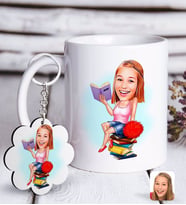 BK Gift Kişiye Özel Bayan Öğrenci Karikatürlü Beyaz Kupa ve Anahtarlık Hediye Seti-1 (Model 1)