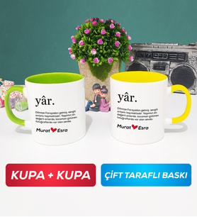 İkili Yâr Sevgililer Günü Hediyesi Kupa Bardak Yeşil Sarı