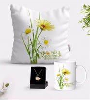 BK Gift Kişiye Özel Papatya Temalı En İyi Öğretmen Beyaz Kupa Yastık ve İsimli Papatya Kolye Hediye Seti-11 (Model 1)