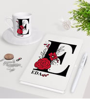 BK Gift Kişiye Özel Harfli Beyaz Defter Kalem Türk Kahvesi Fincanı Seti-6 (Model 1)