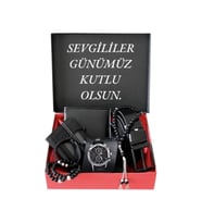 Erkek Siyah Kol Saati Tesbih Cüzdan Kartlık Kemer 3 Bileklik