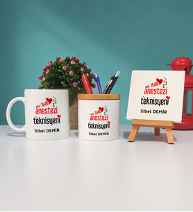 En Tatlı Anestezi Teknisyeni Hediye Kupa Bardak Kalemlik ve Dekoratif Taş Baskı Hediye Seti