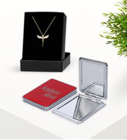 Zirkon Taşlı Gold Melek Kolye ve Kırmızı Dikdörtgen Ayna Set