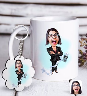 BK Gift Kişiye Özel Bayan Muhasebeci Karikatürlü Beyaz Kupa ve Anahtarlık Hediye Seti-2 (Model 1)
