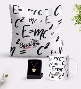 BK Gift Kişiye Özel Fizik Öğretmeni Beyaz Kupa Yastık ve İsimli Papatya Kolye Hediye Seti-3 (Model 1)