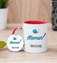 Memur Kırmızı Kupa Bardak Ve Anahtarlık Set