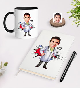BK Gift Kişiye Özel Bay Doktor Karikatürlü Beyaz Defter Kalem Siyah Kupa Seti - 2 (Model 1)