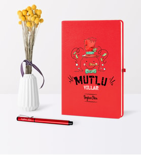 BK Gift Kişiye Özel Yılbaşı Mutlu Yıllar Temalı Kırmızı Defter Kalem Seti - 5
