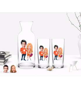BK Gift Kişiye Özel Renkli Baskılı Sevgililer Karikatürlü İkili Rakı Bardağı ve Karaf Hediye Seti-54 (Model 1)
