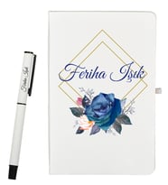 Kişiye Özel Tasarım Şık Çiçek Tasarımıyla Defter ve Beyaz Roller Kalem Seti