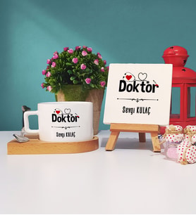 Doktor Hediye Ahşap Altlıklı Fincan ve Dekoratif Taş Baskı Hediye Seti