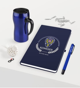 BK Gift Kişiye Özel Komiser Temalı Lacivert Defter Kalem Termos Mug Seti - 2 (Model 1)