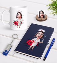 BK Gift Kişiye Özel Hemşire Karikatürlü Lacivert Defter Kalem Kupa 32gb USB Bellek Hediye Seti-1 (Model 1)