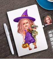 BK Gift Kişiye Özel Küçük Cadı Karikatürlü Beyaz Defter ve Kalem Hediye Seti-1