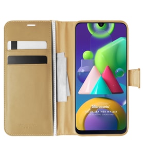 Microsonic Samsung Galaxy M21 Kılıf Delux Leather Wallet Gold