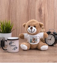 İsme Özel Çiçek Desenli Sihirli Kupa Bardak ve Peluş Ayıcık