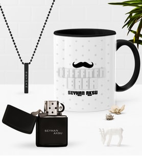 BK Gift Kişiye Özel Kahraman Baba Siyah Kupa Benzinli Çakmak Kolye Seti-3 (Model 1)