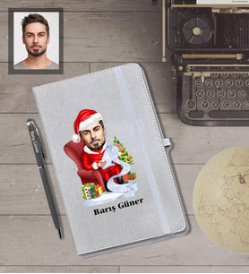 Kişiye Özel Yılbaşı Erkek Karikatürlü Gri Defter Kalem Hediye Seti Model-9