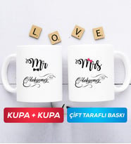 İkili Çiftlere Özel Mr Mrs Sevgiliye Hediye Kupa Bardak Beyaz