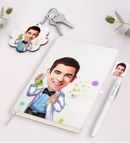 BK Gift Kişiye Özel Erkek Fen Bilimleri Öğretmeni Karikatürlü Beyaz Defter Kalem Ve Anahtarlık Hediye Seti-3 (Model 1)