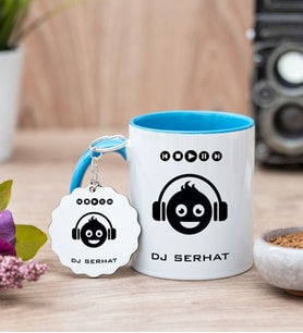 Emoji Tasarım Mavi Kupa Bardak Ve Anahtarlık Set
