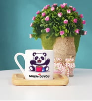 Sevimli Panda Tasarımlı Kişiye Özel Panda Ahşap Altlıklı Türk Kahvesi Fincanı