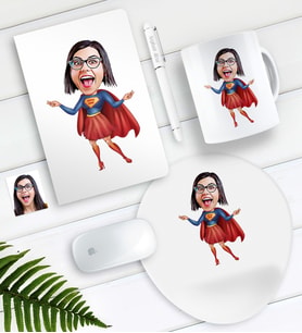 BK Gift Kişiye Özel Süper Anne Karikatürlü Defter Kalem Kupa Mouse Pad Seti (Model 1)