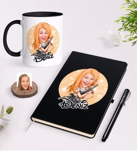 BK Gift Kişiye Özel Kadın Kuaför Karikatürlü Siyah Defter Kalem ve Kupa Seti-2 (Model 1)