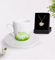 BK Gift Kişiye Özel Papatya Temalı En İyi Öğretmen Türk Kahvesi Fincanı ve İsimli Papatya Kolye Hediye Seti-3 (Model 1)