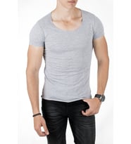 DeepSEA Gri Geniş Yaka Likralı Tişört Oval Yaka Slim Fit Eteği Oval Açık Yaka T-shirt 1801199