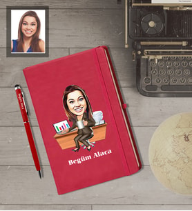 Kişiye Özel İş Kadını Karikatürlü  Kırmızı Defter Kalem Hediye Seti Bayan-2