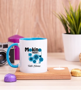 Makine Teknikeri Ahşap Altlıklı Mumlu Mavi Kupa Bardak