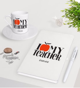 BK Gift Kişiye Özel Öğretmenimi Seviyorum Beyaz Defter Kalem Türk Kahvesi Fincanı Seti-3 (Model 1)
