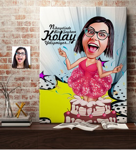 BK Gift Kişiye Özel Bayan Doğum Günü Karikatür Kanvas Tablo 70x100cm 1