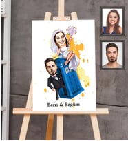 Kişiye Özel Gelin Damat Karikatürlü Ahşap Tablo 30x47  Mod-3