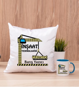 İnşaat Teknolojisi Öğretmeni Kare Yastık ve Mavi Kupa Bardak
