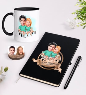 BK Gift Kişiye Özel Yılın En Mükemmel Çifti Karikatürlü Siyah Defter Kalem ve Kupa Seti-55 (Model 1)