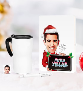 BK Gift Kişiye Özel Yılbaşı Bay Karikatürlü Beyaz Defter Kalem Termos Mug Seti - 2
