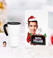 BK Gift Kişiye Özel Yılbaşı Bay Karikatürlü Beyaz Defter Kalem Termos Mug Seti - 2