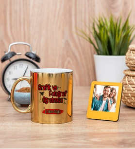 Grafik ve Fotoğraf Öğretmeni Gold Kupa Bardak ve Sarı Mini Fotoğraf Çerçevesi
