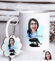 BK Gift Kişiye Özel Bayan Patron Karikatürlü Beyaz Kupa ve Anahtarlık Hediye Seti-5 (Model 1)